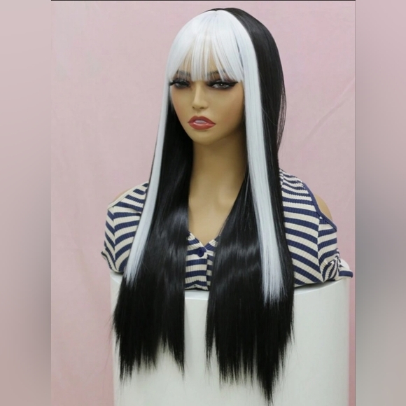 SOLD SHEIN LONG Synthetic Fiber Wig With Straight Black And White Hair - Picture 2 of 9